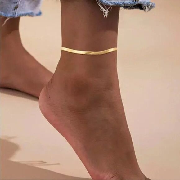 New Gold Herringbone Chain Anklet Waterproof Snake Chain Smooth Ankle Bracelet - Picture 1 of 6